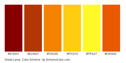 Diwali Lamp - Color scheme palette thumbnail - #870001 #b33607 #f58200 #ffcd10 #fffa27 #e95a00 