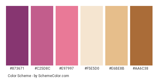 Valentine’s Day Theme – 2021 - Color scheme palette thumbnail - #873671 #C25D8C #E97997 #F5E5D0 #E6BE8B #AA6C38 