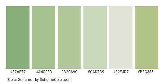 Subtle Spring Color Palette - Color scheme palette thumbnail - #87ae77 #a4c08d #b2c89c #cad7b9 #e2e4d7 #b3c385 