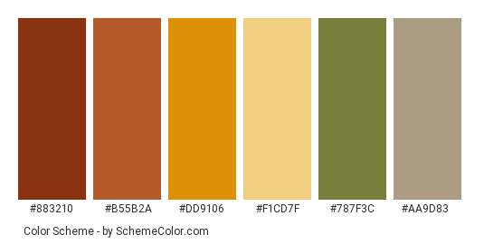 Walk in Autumn - Color scheme palette thumbnail - #883210 #b55b2a #dd9106 #f1cd7f #787f3c #aa9d83 