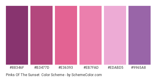 Pinks of the Sunset - Color scheme palette thumbnail - #88346F #B3477D #E36393 #EB7FAD #EDABD5 #9965A8 