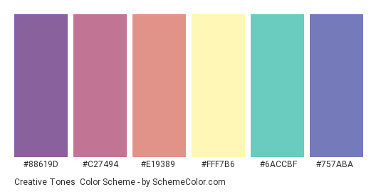 Creative Tones - Color scheme palette thumbnail - #88619d #c27494 #e19389 #fff7b6 #6accbf #757aba 