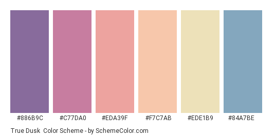 True Dusk - Color scheme palette thumbnail - #886B9C #C77DA0 #EDA39F #F7C7AB #EDE1B9 #84A7BE 