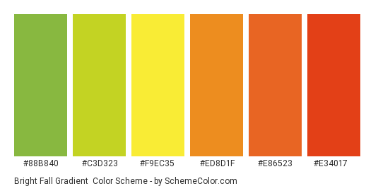 Bright Fall Gradient - Color scheme palette thumbnail - #88b840 #c3d323 #f9ec35 #ED8D1F #E86523 #E34017 