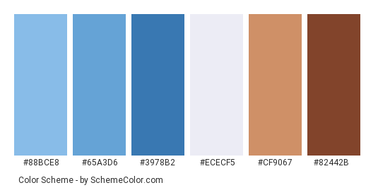 Logged In Blue Jeans - Color scheme palette thumbnail - #88bce8 #65a3d6 #3978b2 #ececf5 #cf9067 #82442b 