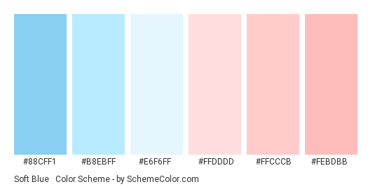 Soft Blue & Reds - Color scheme palette thumbnail - #88cff1 #b8ebff #e6f6ff #ffdddd #ffcccb #febdbb 