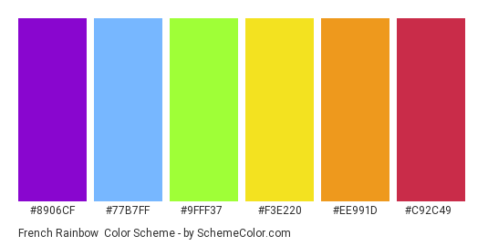 French Rainbow - Color scheme palette thumbnail - #8906cf #77b7ff #9fff37 #f3e220 #ee991d #c92c49 