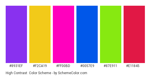 High Contrast - Color scheme palette thumbnail - #8931ef #f2ca19 #ff00bd #0057e9 #87e911 #e11845 
