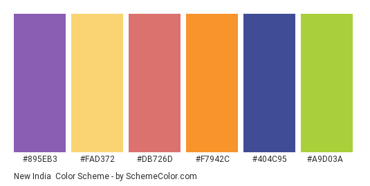 New India - Color scheme palette thumbnail - #895eb3 #fad372 #db726d #f7942c #404c95 #a9d03a 