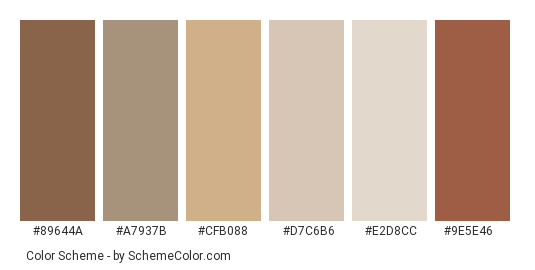 Neutral Brown Vases - Color scheme palette thumbnail - #89644a #a7937b #cfb088 #d7c6b6 #e2d8cc #9e5e46 