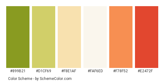 Appetising Avocado Green Salad - Color scheme palette thumbnail - #899b21 #d1cf69 #f8e1af #faf6ed #f78f52 #e2472f 