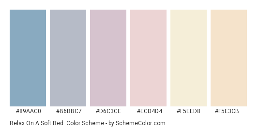 Relax on a Soft Bed - Color scheme palette thumbnail - #89AAC0 #B6BBC7 #D6C3CE #ECD4D4 #F5EED8 #F5E3CB 