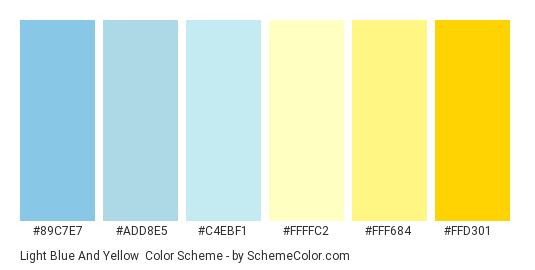 Light Blue and Yellow - Color scheme palette thumbnail - #89C7E7 #ADD8E5 #C4EBF1 #FFFFC2 #FFF684 #FFD301 