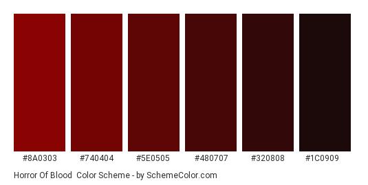 Horror of Blood - Color scheme palette thumbnail - #8A0303 #740404 #5E0505 #480707 #320808 #1C0909 
