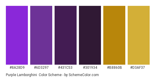 Purple Lamborghini - Color scheme palette thumbnail - #8A28D9 #6D3297 #431C53 #301934 #B8860B #D3AF37 