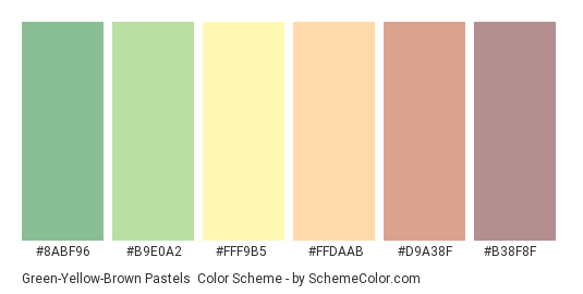 Green-Yellow-Brown Pastels - Color scheme palette thumbnail - #8ABF96 #B9E0A2 #FFF9B5 #FFDAAB #D9A38F #B38F8F 