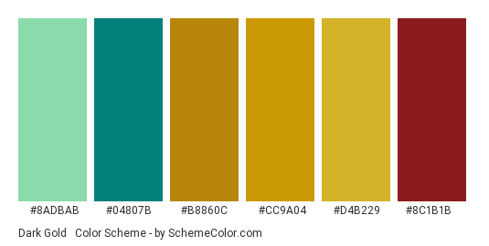 Dark Gold & Teal - Color scheme palette thumbnail - #8ADBAB #04807B #B8860C #CC9A04 #D4B229 #8C1B1B 