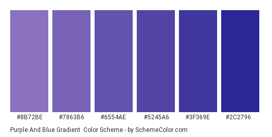 Purple and Blue Gradient - Color scheme palette thumbnail - #8B72BE #7863B6 #6554AE #5245A6 #3F369E #2C2796 