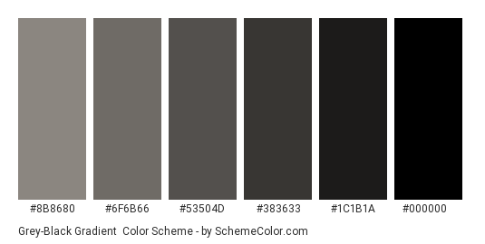 Grey-Black Gradient - Color scheme palette thumbnail - #8B8680 #6F6B66 #53504D #383633 #1C1B1A #000000 