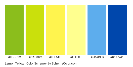 Lemon Yellow & Blue - Color scheme palette thumbnail - #8BBE1C #CAE00C #FFF44E #FFFF8F #5DADED #0047AC 