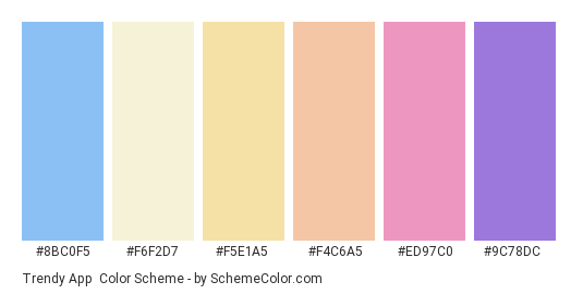 Trendy App - Color scheme palette thumbnail - #8BC0F5 #F6F2D7 #F5E1A5 #F4C6A5 #ED97C0 #9C78DC 