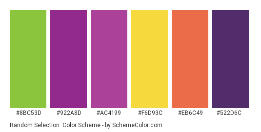 Random Selection - Color scheme palette thumbnail - #8BC53D #922A8D #AC4199 #F6D93C #EB6C49 #522D6C 