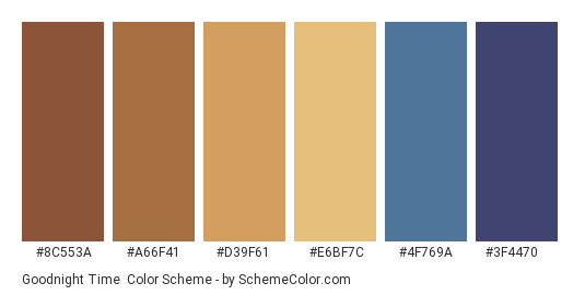 Goodnight Time - Color scheme palette thumbnail - #8C553A #A66F41 #D39F61 #E6BF7C #4F769A #3F4470 