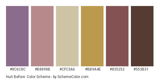 Hurt Before - Color scheme palette thumbnail - #8C6C8C #B8898B #CFC3A6 #BB9A4E #835252 #553B31 