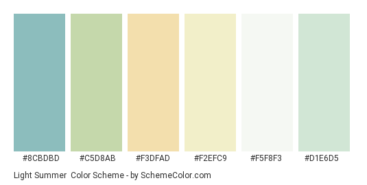 Light Summer - Color scheme palette thumbnail - #8CBDBD #C5D8AB #F3DFAD #F2EFC9 #F5F8F3 #D1E6D5 