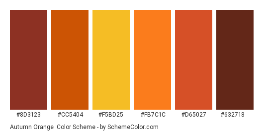 Autumn Orange - Color scheme palette thumbnail - #8D3123 #CC5404 #F5BD25 #FB7C1C #D65027 #632718 