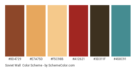 Soviet Wall - Color scheme palette thumbnail - #8D4729 #E7A75D #F5C98B #A12621 #3D311F #458C91 