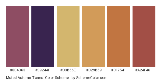Muted Autumn Tones - Color scheme palette thumbnail - #8E4D63 #39244F #D3B66E #D29B59 #C17541 #A24F46 