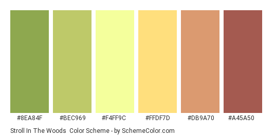 Stroll in the Woods - Color scheme palette thumbnail - #8EA84F #BEC969 #F4FF9C #FFDF7D #DB9A70 #A45A50 