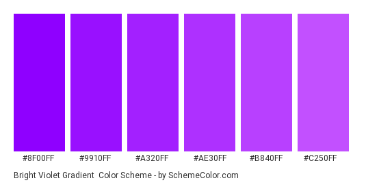 Bright Violet Gradient - Color scheme palette thumbnail - #8F00FF #9910FF #A320FF #AE30FF #B840FF #C250FF 