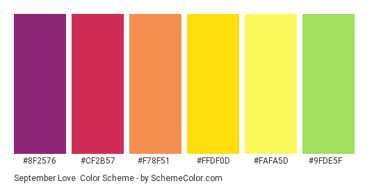 September Love - Color scheme palette thumbnail - #8F2576 #CF2B57 #F78F51 #FFDF0D #FAFA5D #9FDE5F 