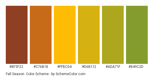 Fall Season - Color scheme palette thumbnail - #8F3F22 #C76B18 #FFBC04 #D6B112 #ADA71F #849C2D 
