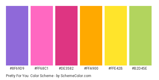 Pretty for You - Color scheme palette thumbnail - #8F69D9 #FF68C1 #DE3582 #FFA900 #FFE42B #B2D45E 