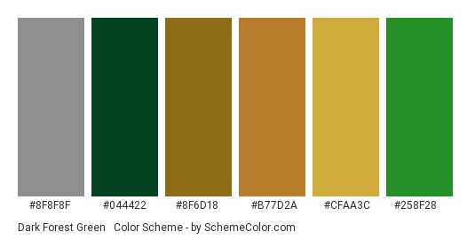 Dark Forest Green & Gold - Color scheme palette thumbnail - #8F8F8F #044422 #8F6D18 #B77D2A #CFAA3C #258F28 