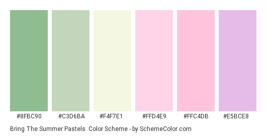 Bring the Summer Pastels - Color scheme palette thumbnail - #8FBC90 #C3D6BA #F4F7E1 #FFD4E9 #FFC4DB #E5BCE8 