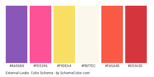 External Looks - Color scheme palette thumbnail - #8a56b8 #fd5396 #f9de64 #fbf7ec #fa5a45 #d5363d 