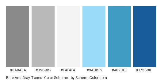 Blue and Gray Tones - Color scheme palette thumbnail - #8a8a8a #B9B9B9 #F4F4F4 #9ADBF9 #409CC3 #175B98 