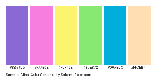 Summer Bliss - Color scheme palette thumbnail - #8b69d5 #f77ede #fcf46e #87e872 #00aedc #ffdeb4 