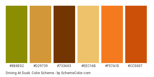 Driving at Dusk - Color scheme palette thumbnail - #8b8e02 #d29739 #733603 #eec16b #f57a1d #cc5007 