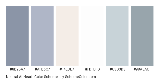 Neutral at Heart - Color scheme palette thumbnail - #8b95a7 #afb6c7 #f4ede7 #fdfdfd #c8d3d8 #98a5ac 