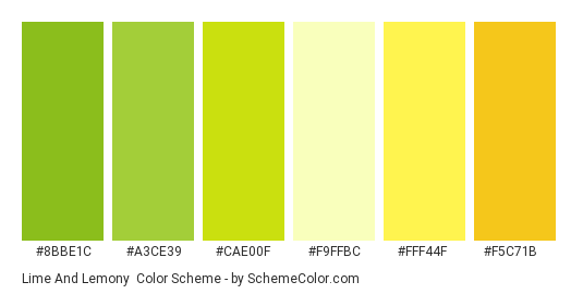 Lime and Lemony - Color scheme palette thumbnail - #8bbe1c #a3ce39 #cae00f #f9ffbc #fff44f #f5c71b 