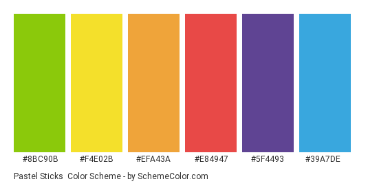 Pastel Sticks - Color scheme palette thumbnail - #8bc90b #f4e02b #efa43a #e84947 #5f4493 #39a7de 