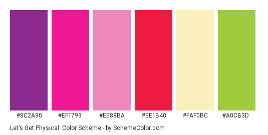 Let’s Get Physical - Color scheme palette thumbnail - #8c2a90 #ef1793 #ee88ba #ee1b40 #faf0bc #a0cb3d 