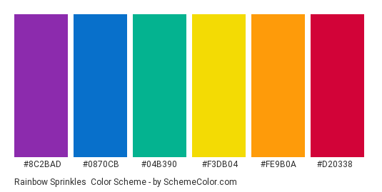 Rainbow Sprinkles - Color scheme palette thumbnail - #8c2bad #0870cb #04b390 #f3db04 #fe9b0a #d20338 