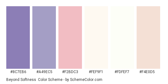 Beyond Softness - Color scheme palette thumbnail - #8c7eb6 #a49ec5 #f2bdc3 #fef9f1 #fdfef7 #f4e0d5 