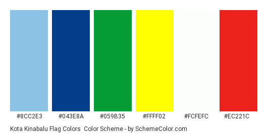Kota Kinabalu Flag Colors - Color scheme palette thumbnail - #8cc2e3 #043e8a #059b35 #ffff02 #fcfefc #ec221c 